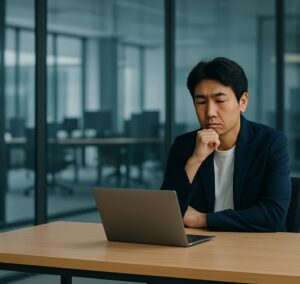 孤独なエグゼクティブが一人フロアで悩み中の画像