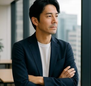 男性40代、窓の外を見て物思い