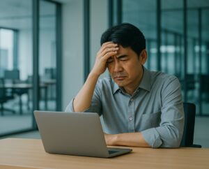 おでこを手に当て悩み中のビジネスマン