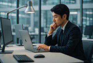 男性がオフィスで悩んでいる。職場の上司部下との人間関係がしっくりきていない。いっそコーチングを受けて思考をクリアに整理したいと思っている画像