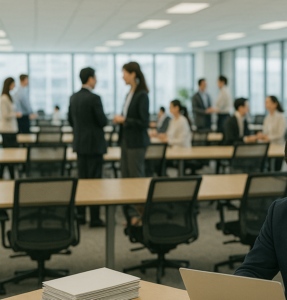 オフィスシーン、ビジネスパーソンコミュニケーション中の画像