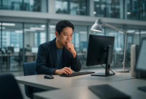 エグゼクティブがオフィスで悩む