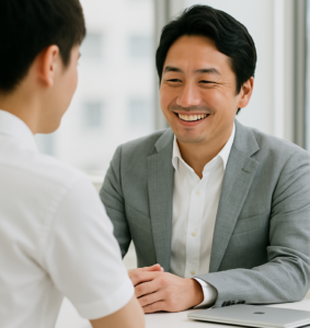 笑顔の上司。部下との対話の画像