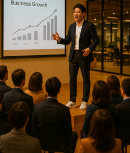 全社員に向けて、理念、ミッション、ビジョンをプレゼン中の経営者。コーチングでコンテンツを準備し考えている