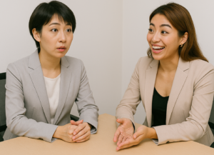 女性2人。コーチとコーチングを受けている人。コーチはぐいぐい進めるが受ける側は乗り気でない画像