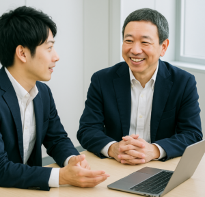 プロフェッショナルコーチとクライアントの２ショット。和やかな雰囲気でセッション中