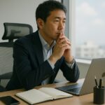 デスクでPCを前に物思いに耽っている40代経営者。事業、組織に悩みは尽きない。エグゼクティブにとって思考を整理して、次のステージにいきたいという画像