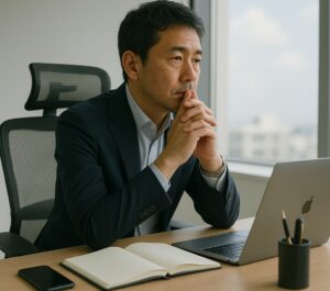 デスクでPCを前に物思いに耽っている40代経営者。事業、組織に悩みは尽きない。思考を整理して、次のステージにいきたいという画像