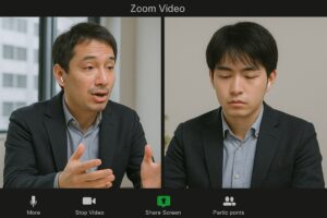 上司部下の1on1ミーティングのシーン。上司はご満悦。部下は苦痛と思っている