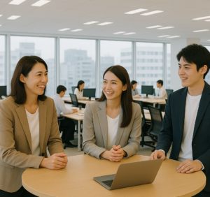 左の女性上司が2人の部下と対話中の画像