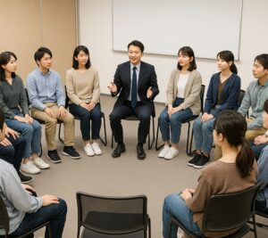 座学で研修中の画像。ファシリテーターを囲む管理職