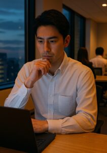 夕方、管理職、会社のデスクで悩んでいる画像